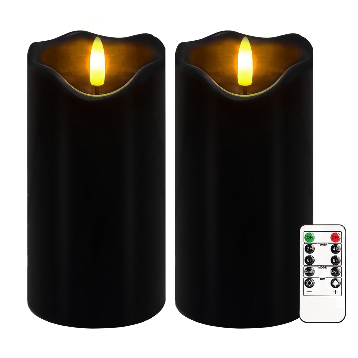 Black Flameless Candles, Set of 2 6"x3" Flickering LED Candles with Remote & Timer, Dimmable Real Wax Electric Pillar Candles Battery Operated, Flameless Candles Light for Home Halloween Decor (Black)