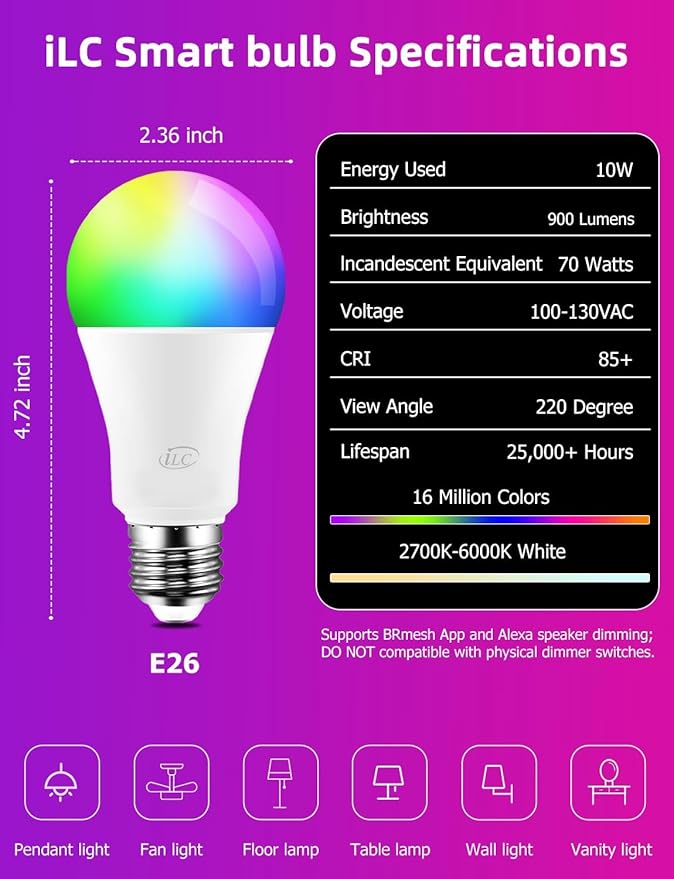 ILC Alexa Light Bulbs 10W (70 Watt Equivalent) Smart Light Bulbs Work with Alexa Hub Required, 900 Lumens, Color Changing, Color Temperature Tunable 2700K-6000K(4 Pack)