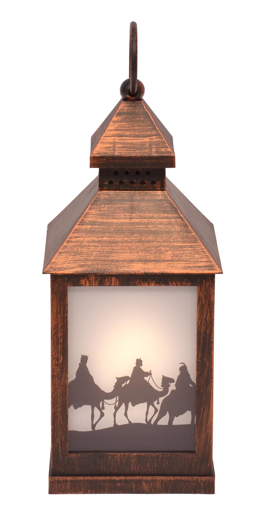 Antique Bronze Inspirational Silhouette Nativity Scene LED Flameless Holiday Candle Lanterns, Set of 3, 9.5 Inch