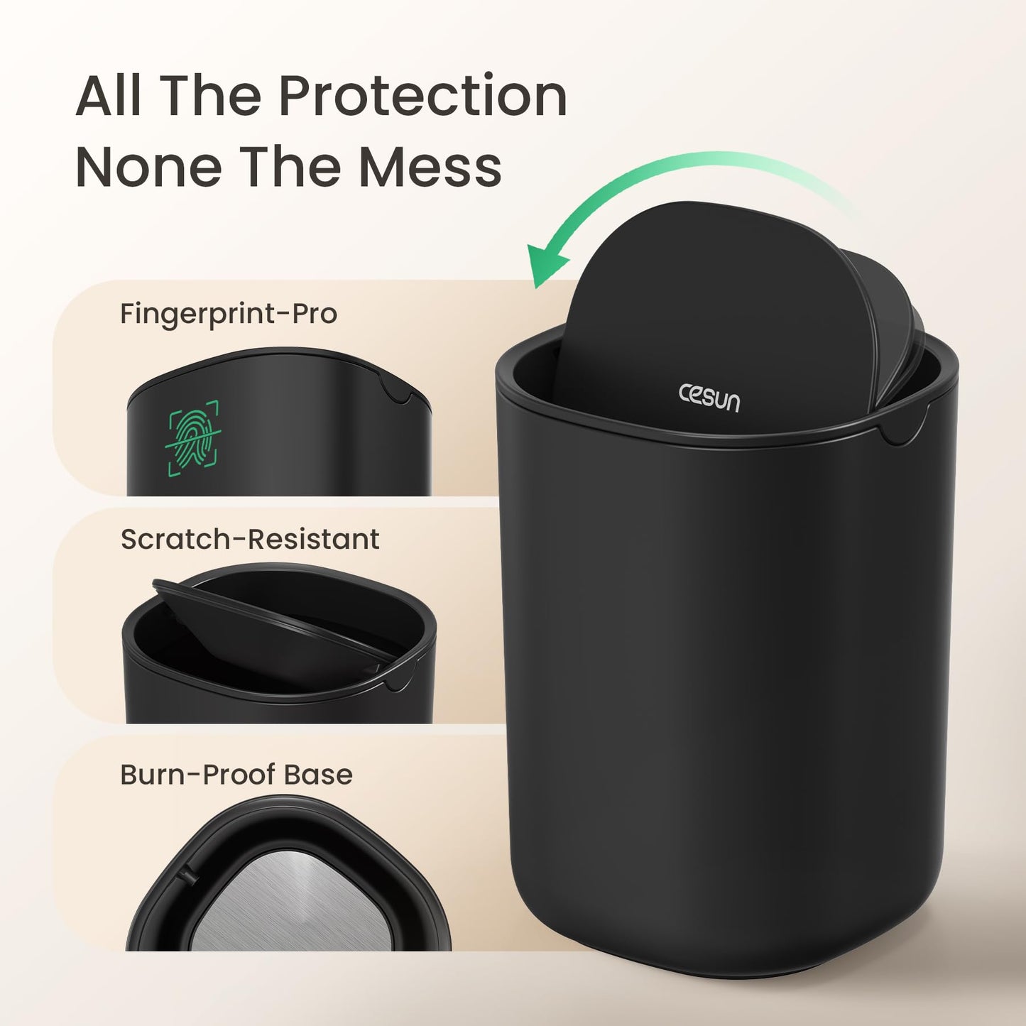 Cesun Mini Desktop Trash Can with Swing Lid, 0.4 Gallon Small Desk Trash Can, Countertop Wastebasket, Modern Tiny Tabletop Bin for Home Office, Makeup Area, or Car Interior (Black)