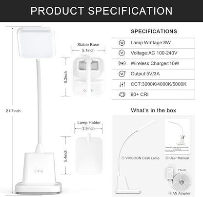 LED Desk Lamp with Wireless Charger for Home Office, Small with Pen Holder, 800LM,3 Color Modes,Gooseneck, Eye-Caring White Desk Lamps for Home College Dorm Room