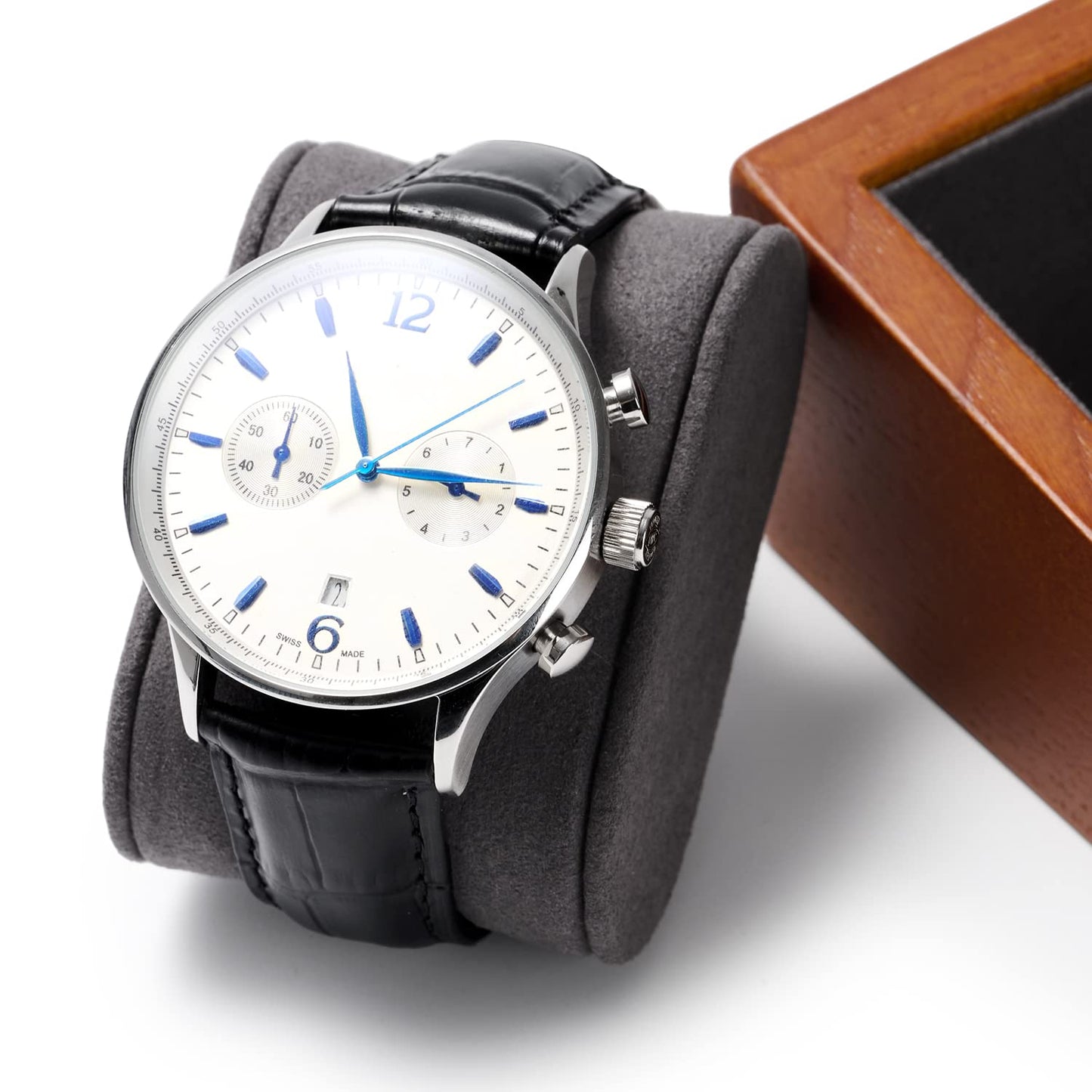 Papten Solid Wood Watch Box Holder Single Watch Travel Case for Men and Women With Microfiber Pillow (Grey)