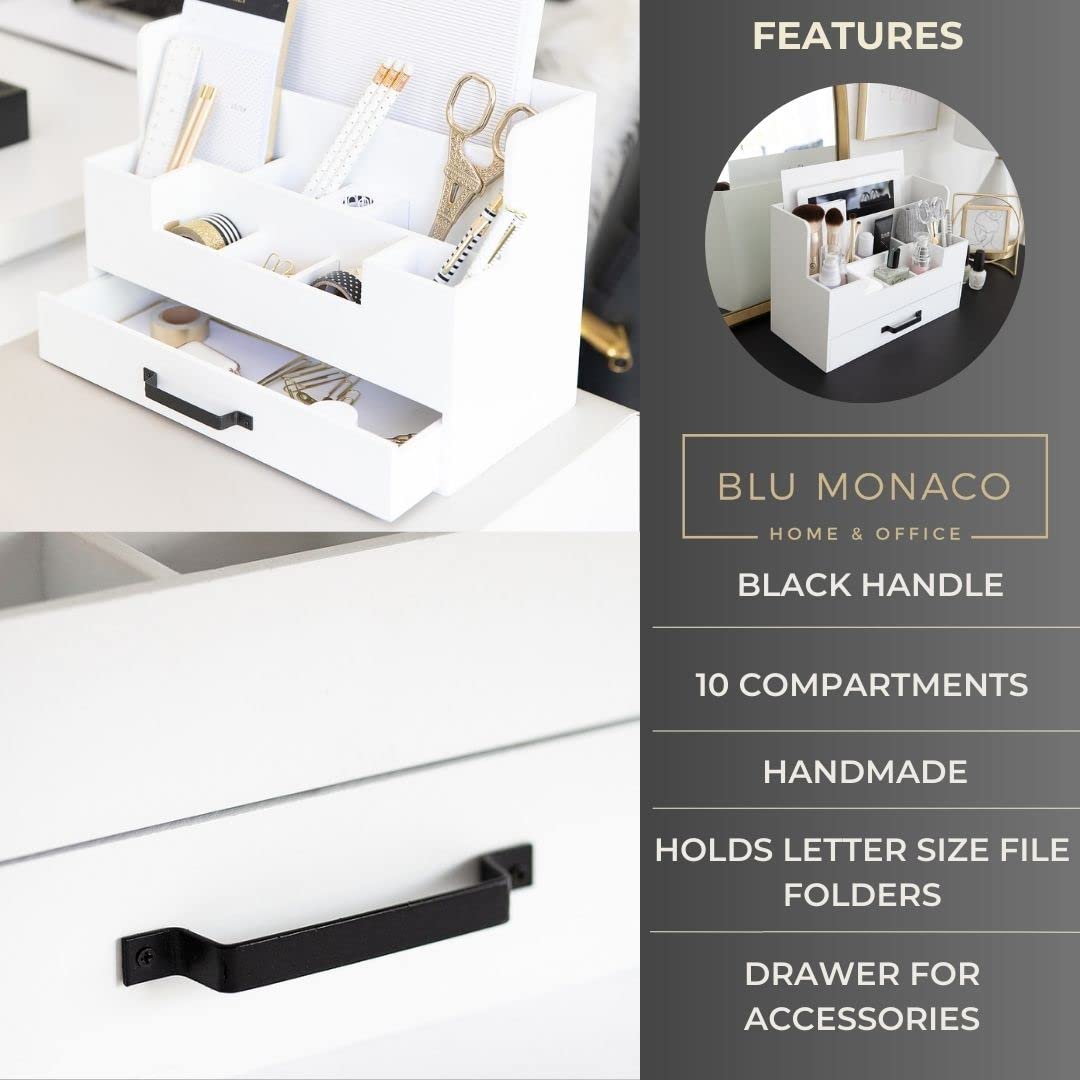 BLU MONACO White Wooden Desk Organizer With Drawer | Desktop Storage With Drawers | Multi-Compartment Desk Caddy for Home Office | 5.7”D x 12.9”W x 9”H Tabletop Accessory Holder