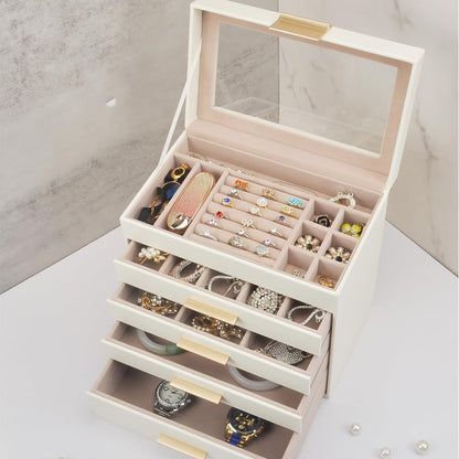 GYJOYERO Jewelry Box with Glass Lid 5 Layers Jewelry Orangizer Women Girls PU Leather Jewellery Hold Storage Large Case 4 Drawers big Jewelry Display GY822 (White)