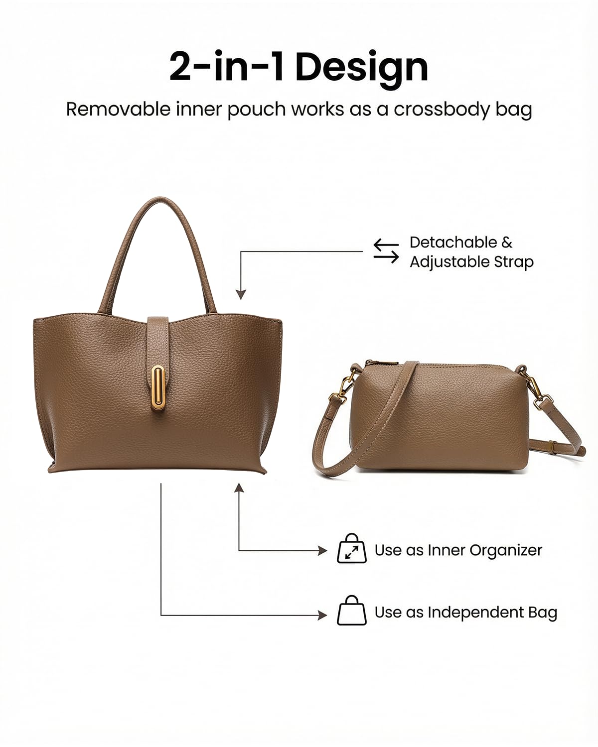Small Vegan Leather Crossbody Tote Bag for Women, Compact 2-in-1 Shoulder Handbag with Removable Pouch, Work & Daily Use (Small - Vegan Leather - brown)