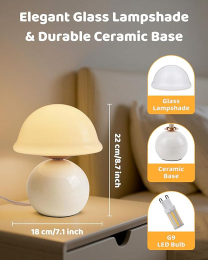 Mushroom Lamp Bedside Table Lamp for Bedroom, Cute Small Lamps with Glass Lampshade, Nightstand Lamp with Dimmer for Living Room Kitchen Apartments Offices Desk Shelves (White)
