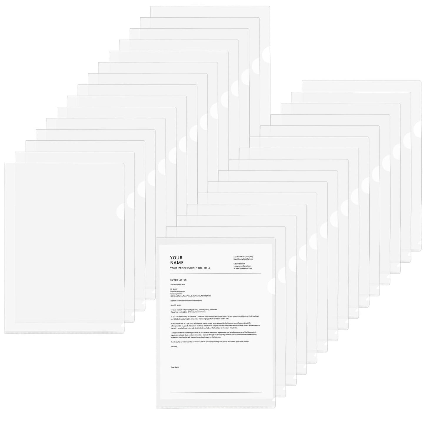 VANRA 30 Pack Clear Document Folders Sleeves Poly Project Pockets for A4 Letter Size Paper, Plastic Folder for School Office Classroom, Transparent
