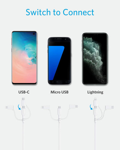 Anker Powerline II 3-in-1 Cable, Lightning/Type C/Micro USB Cable for iPhone, iPad, Huawei, HTC, LG, Samsung Galaxy, Sony Xperia, Android Smartphones, iPad Pro 2018 and More(3ft, Black)