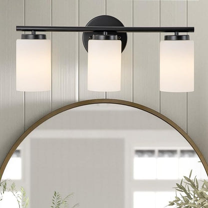 3-Light Bathroom Vanity Lighting Fixture, Industrial Black Wall Light Sconce Frosted Milky White Glass Shade
