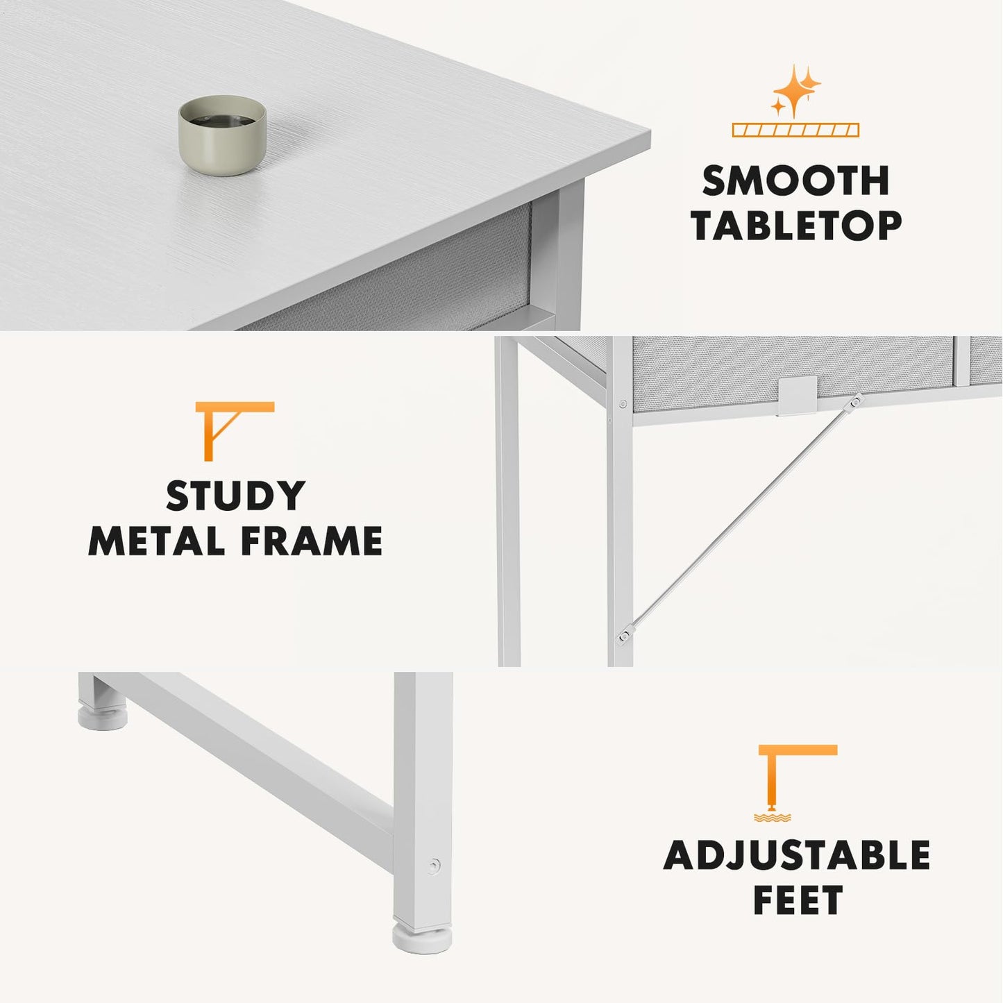 Sweetcrispy Computer Desk Small 32 Inch Home Office Bedroom Writing Study PC Table with Fabric Storage Drawers Space Side Bag Headphone Hook Metal Frame Adjustable Feet Modern Simple Style, White Wood