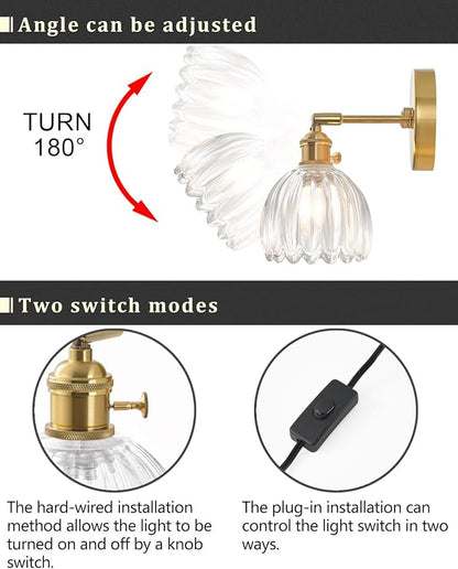 Plug in and Hardwired Wall Sconces, Luxury Vintage Tulip Crystal Glass Shade Wall Light with Switch for Bedside Bedroom Living Room (Tulip-Clear, 2)