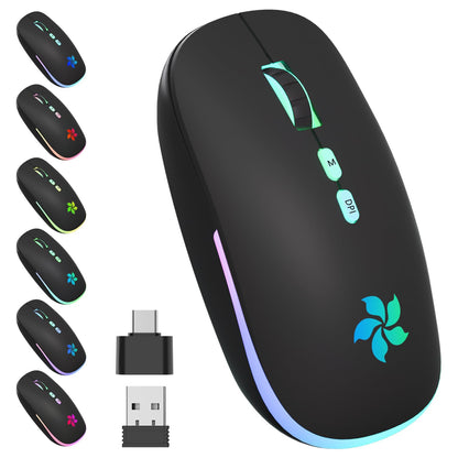 KARFUN Wireless Mouse, Backlit LED Portable Slim Computer Mouse for Laptop, PC, Computer, MacBook, iPad, Chromebook, Notebook, 2.4G Rechargeable Wireless Mouse (Black) (Black-Transparent Nose)