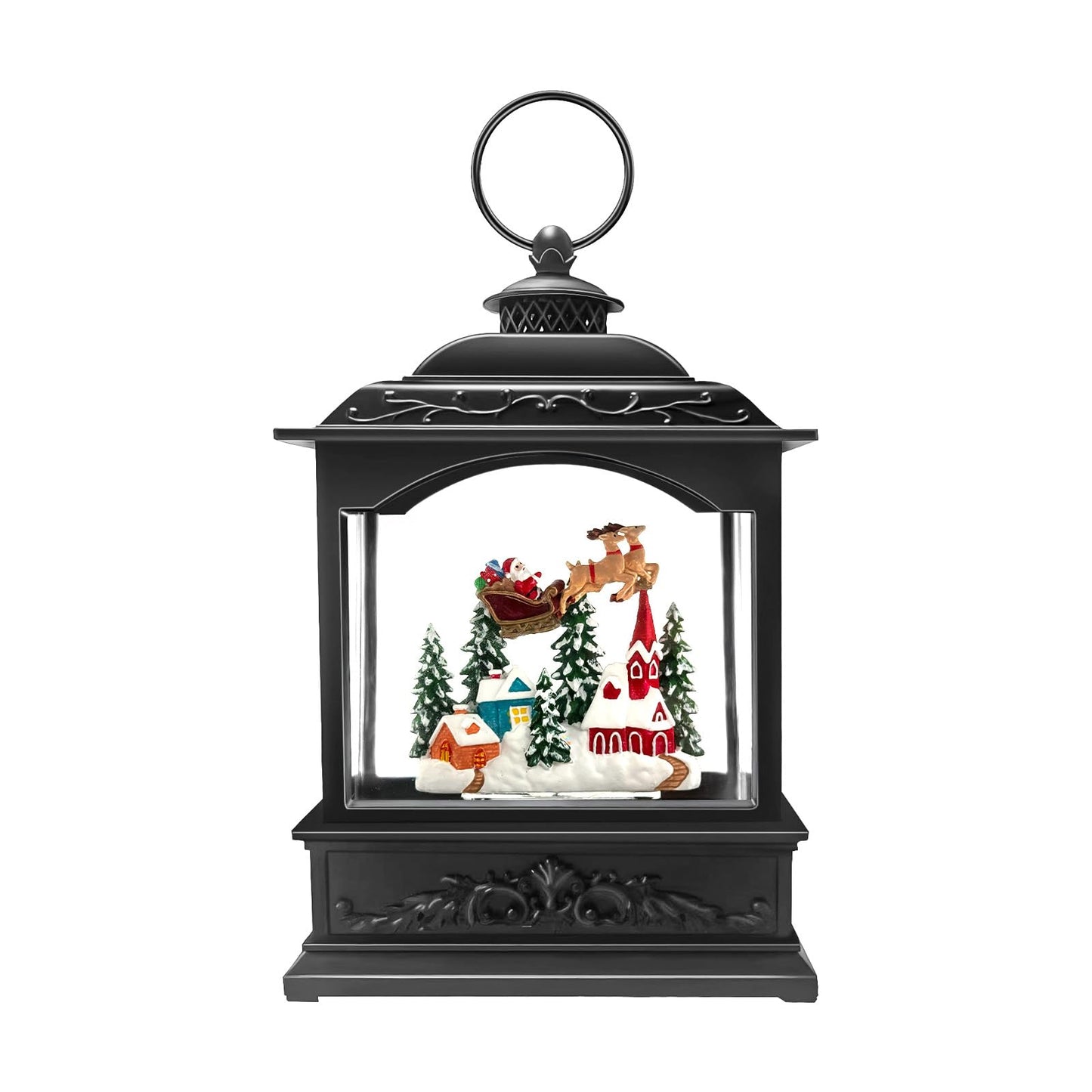 Musical Christmas Snow Globe Lantern with Flying Santa, Swirling Glitter Lighted Water Lantern, 6H Timer, USB or Battery Powered Holiday Decoration