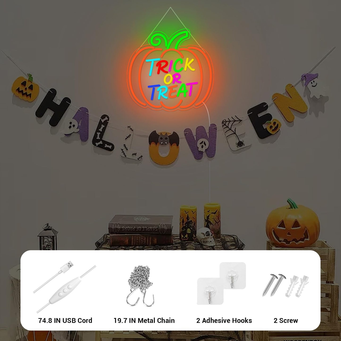 LMHSE Halloween Neon Sign, Halloween Wall Decor Pumpkin Trick or Treat Neon Signs for Decorating Rooms, Windows, Funny Home Decor, Party, Halloween Decoration USB Powered