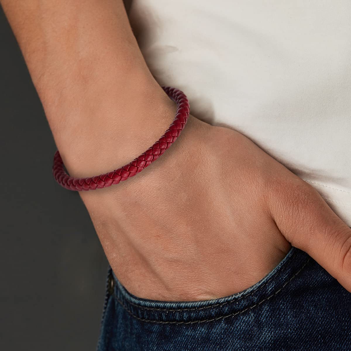 COOLSTEELANDBEYOND Mens Women Red Braided Leather Bracelet, Minimalist Single-Strand with Polished Stainless Steel Clasp, Everyday Casual Jewelry