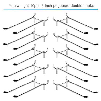 Nlmyt 10 Pcs Pegboard Hooks, 6 Inch Peg Board Hooks, Pegboard Pegs Accessories with Rubber Tipped, Double Peg Hook Fit 1/4” Hole, Heavy Duty Tool Utility Hook for Hanging Tools, Bags and More