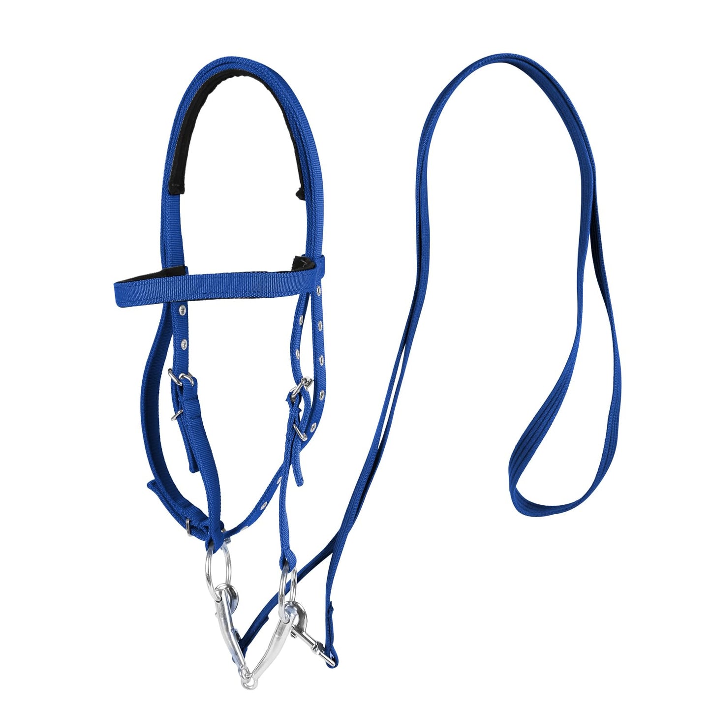 BIGANTTOW Adjustable Horse Bridle with Stainless Steel Bit, Black Nylon Headstall with Reins, Horse Bridles with Bit Non-Slip Design (Blue, L)