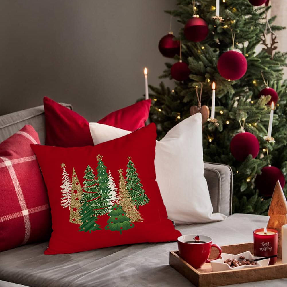 RABUSOFA Christmas Pillow Covers 20x20 Inch Tree Christmas Decorations Red Velvet Christmas Throw Pillow Cases Xmas Christmas Decor Winter Decorative Pillows for Couch Holiday Soft Gold
