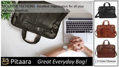 Pitaara Genuine Leather Messenger Laptop Bag For Men And Women, Black Briefcase, Fits Laptop Size 16", Unisex