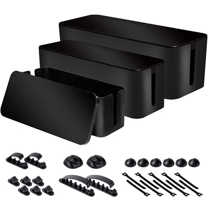 Cable Organizer Box Set of Three, Power Cover Cord Holder Surge Protector for Desk (Black)