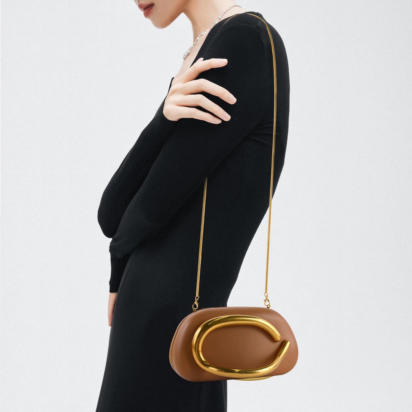 NEWROGENG Clutch Purses for Women Formal, PU Leather Evening Bags with Chain, Trendy Metal Handle Purses and Handbags 2025, Leather Caramel