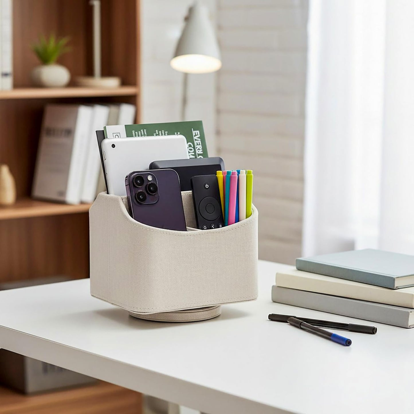UnionBasic Rotating Desk Organizer, 360 Desk Spinning Caddy, Desktop TV Guide/Mail/Media/Remote Controller Holder Organizer, Beige