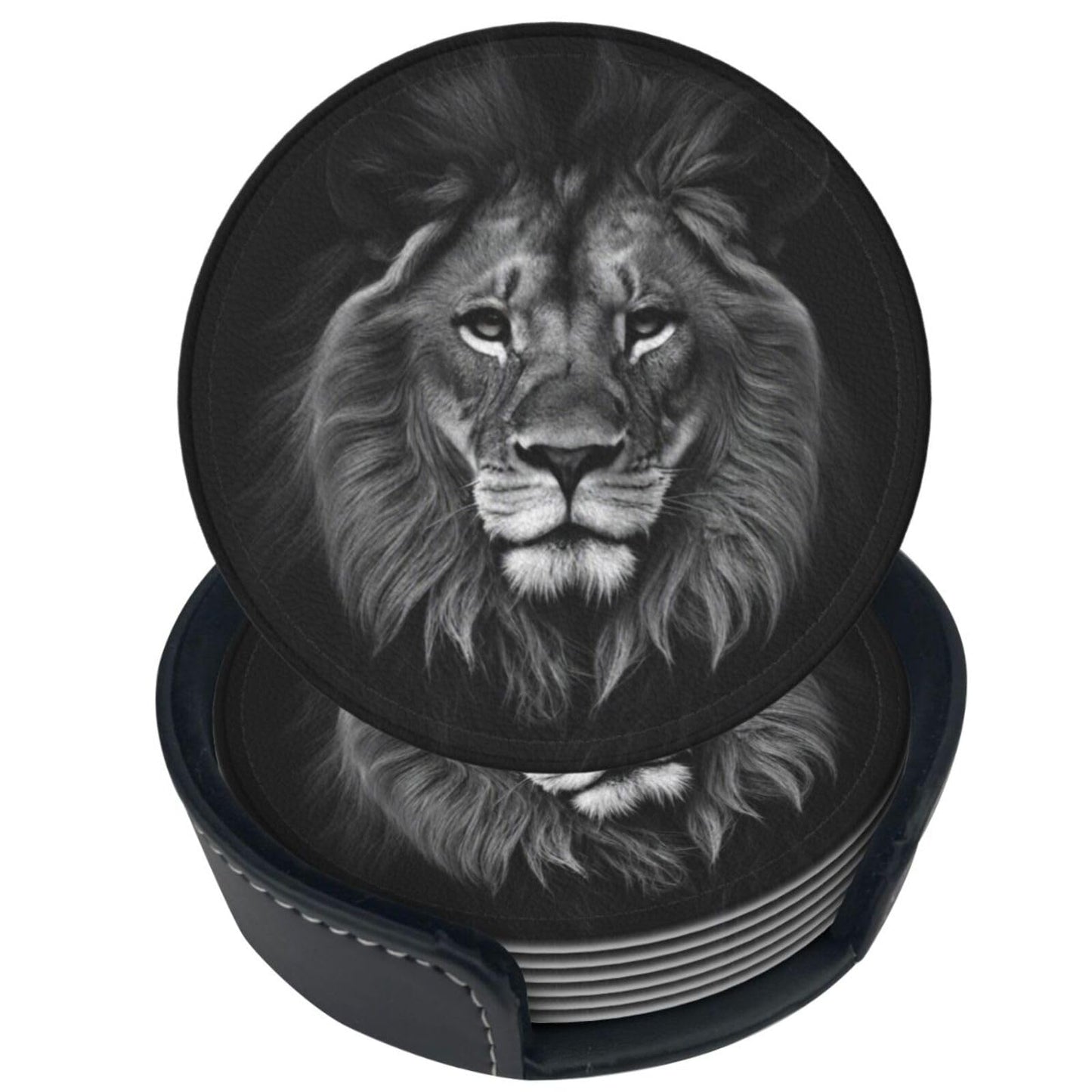 Famame 6 Pcs 3D Black Lion Leather Coasters for Drinks with Holder Coaster Sets Drink Table Cup Coasters for Living Room Kitchen Coffee Decor
