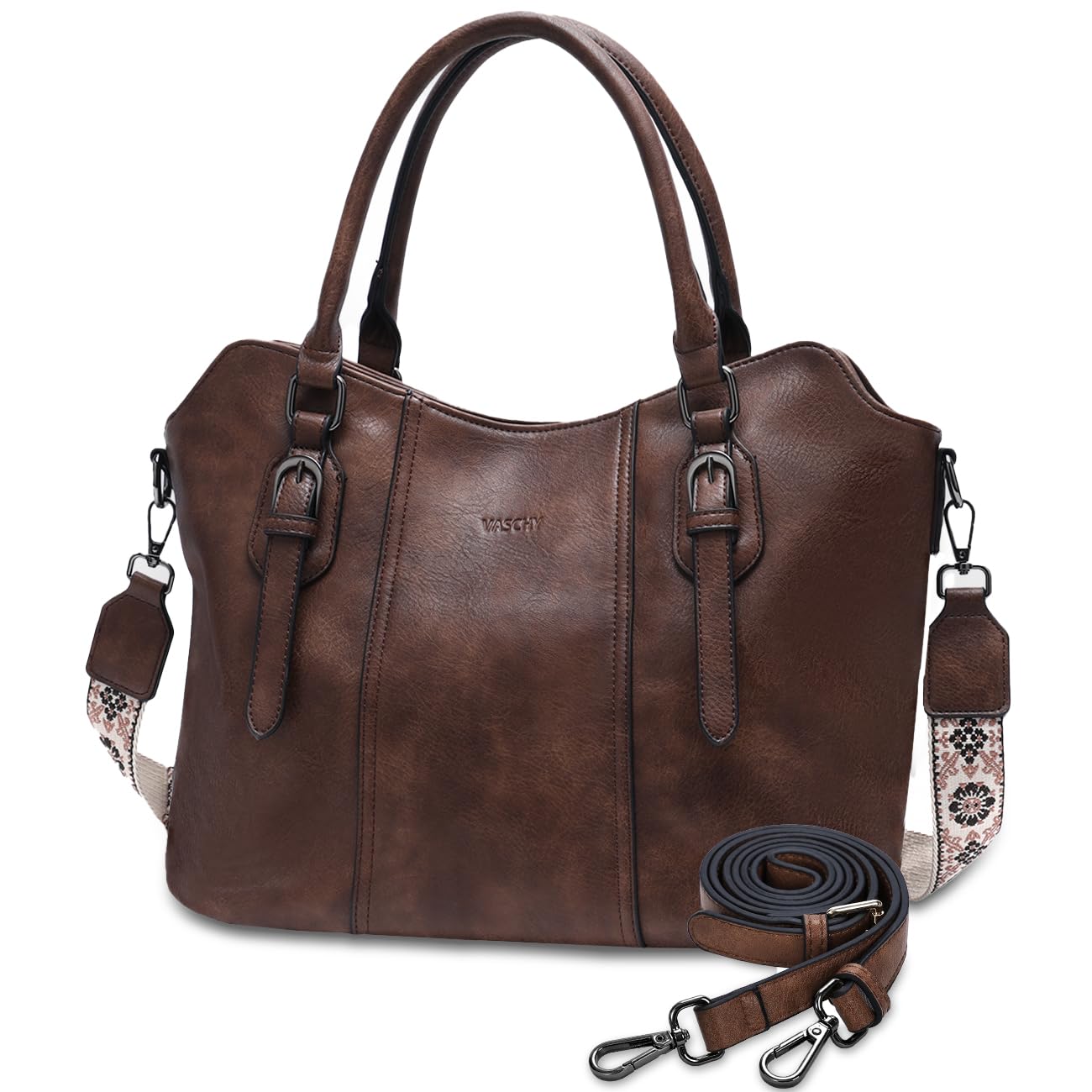 VASCHY Hobo Bags for Women, Vegan Leather Top Handle Satchel Shoulder Purse Handbag Purse with Crossbody Guitar Strap Coffee