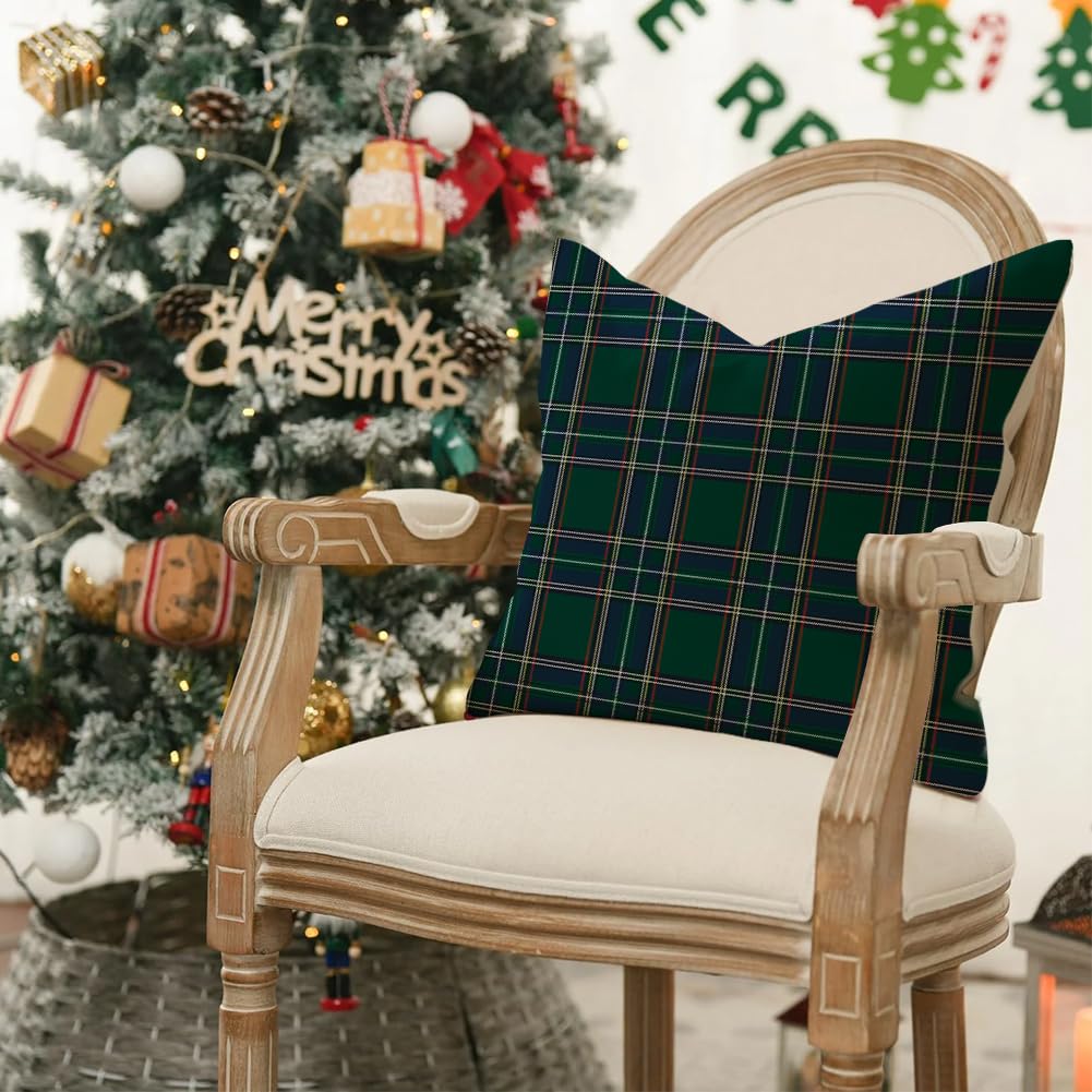 RABUSOFA Christmas Pillow Covers 18x18 Inch Set of 2 Indoor Outdoor Waterproof Scottish Tartan Plaid Classic Throw Decorative Cushion Cases for Christmas Decor Decorations Couch Patio Dark Green