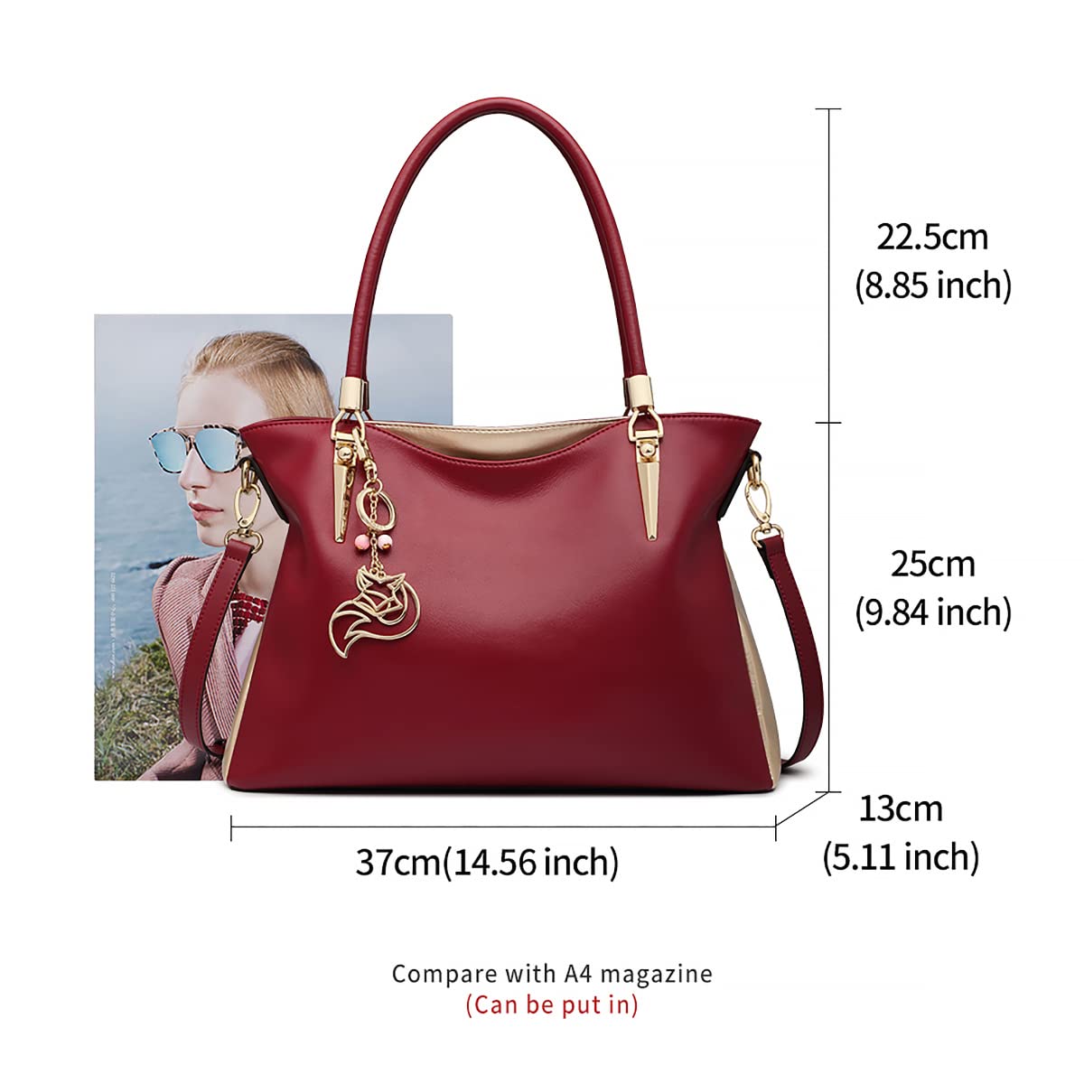 FOXLOVER Large Capacity Genuine Leather Tote Bag for Women Designer Handbags Shoulder Big Purses Minimalist(Red)