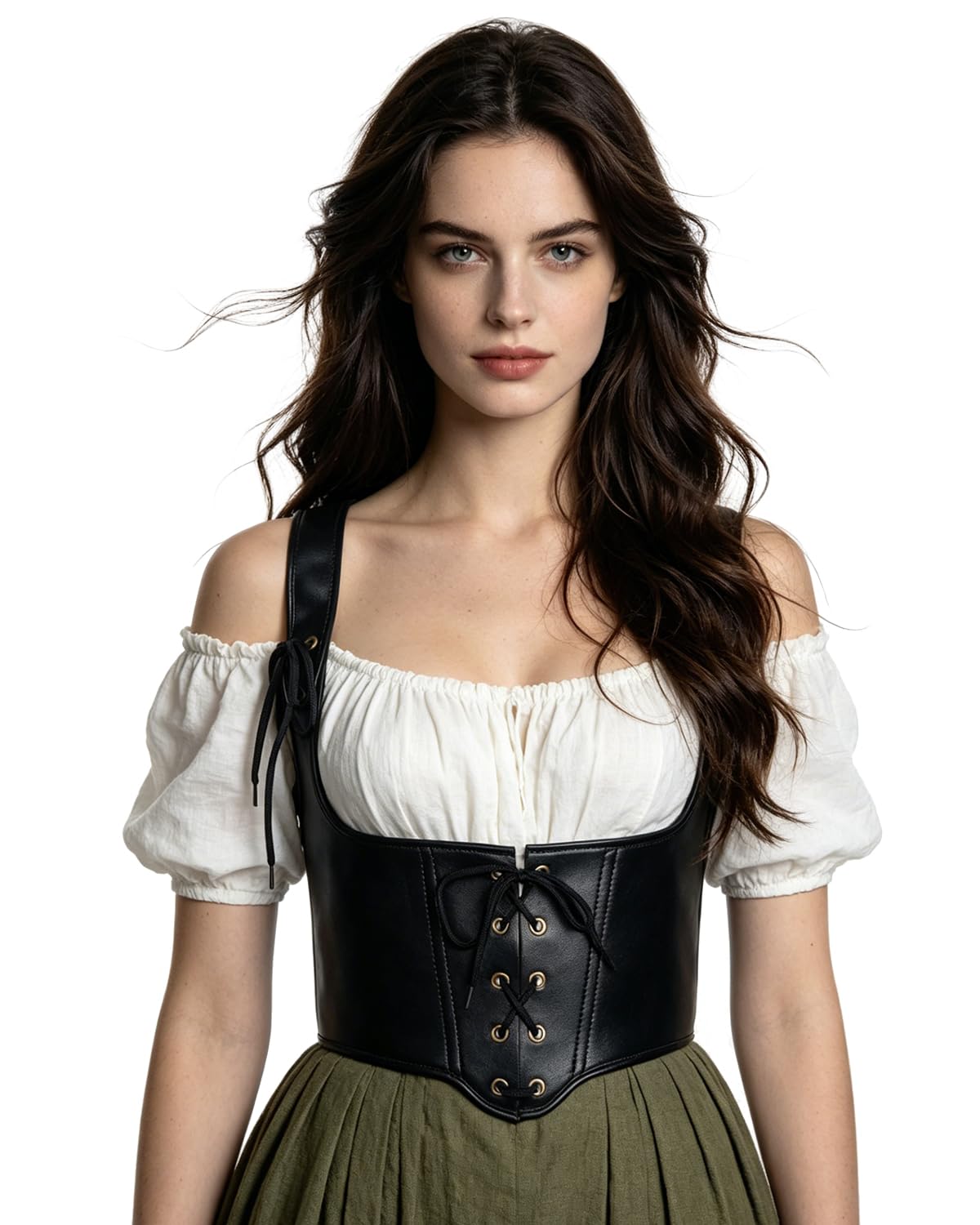 Joukavor Womens Renaissance Leather Corset Belt - Medieval Bustier Waist Cincher with Straps Gothic Corset Harness for Ren Faire (Black, Large)