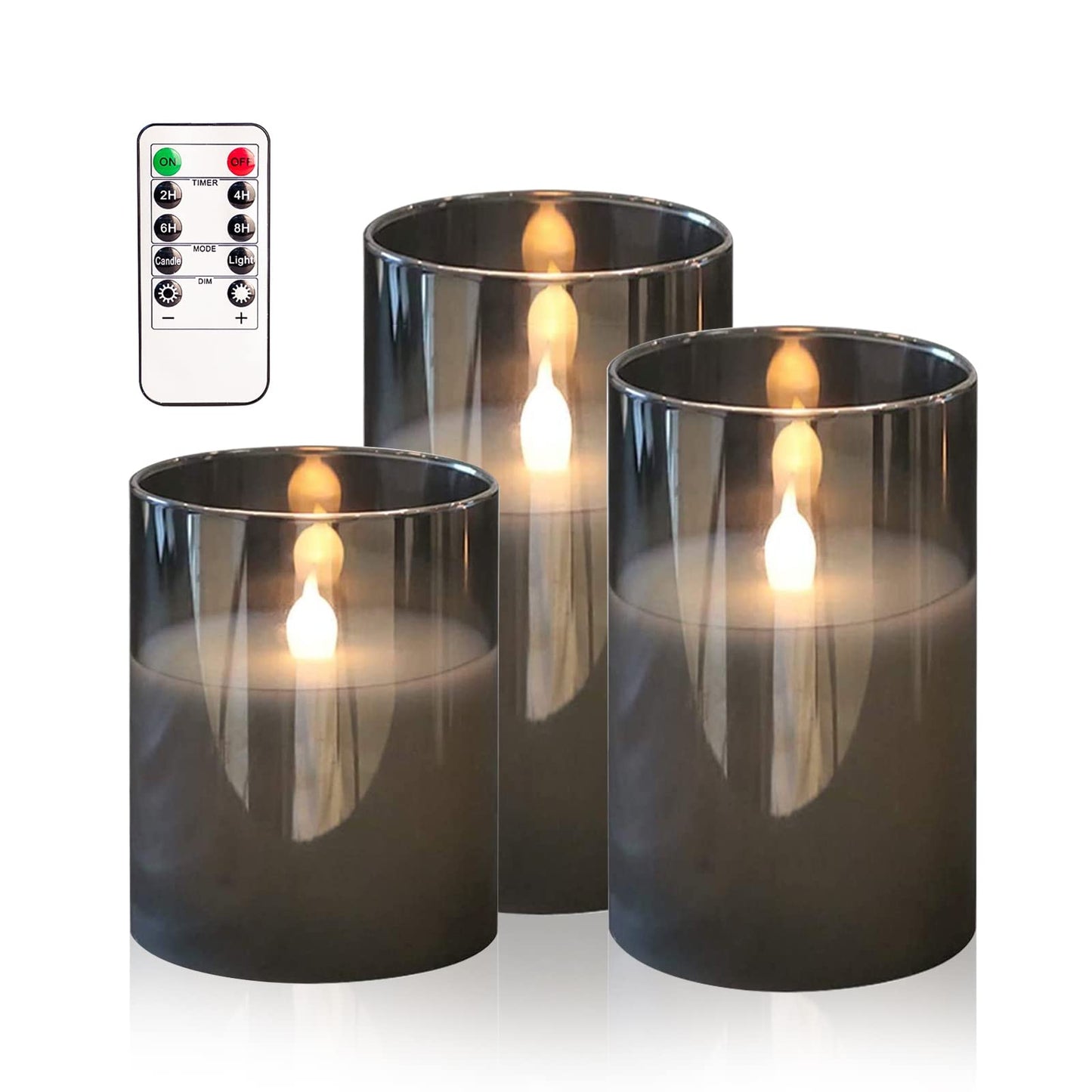 HIYAA LED Flameless Candles, Gray Glass Battery Operated Candles Flickering with Remote, 3D Wick Realistic Warm Light LED Candles Flickering with Timer for Wedding Party Christmas Decoration