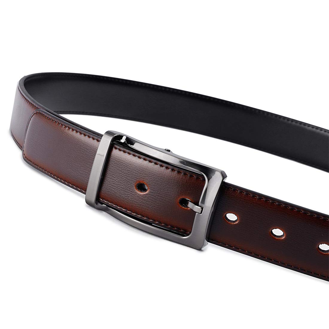 Belts for Men Reversible Leather 1.25” Waist Strap Fashion Dress Buckle Beltox (Rectangle Rotated Buckle with Burnt Umber/Black Belt, 28-30)