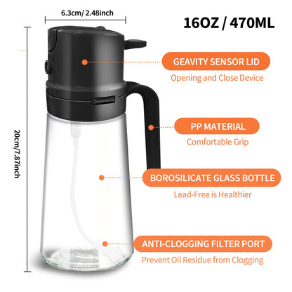 YARRAMATE 16oz/470ml Easy Refillable Oil Sprayer for Cooking, 2 in 1 Oil Dispenser for Kitchen and Oil Sprayer Bottle, Food-Grade Glass Oil Mister with Simple Open Design, Air Fryer,BBQ (Black)