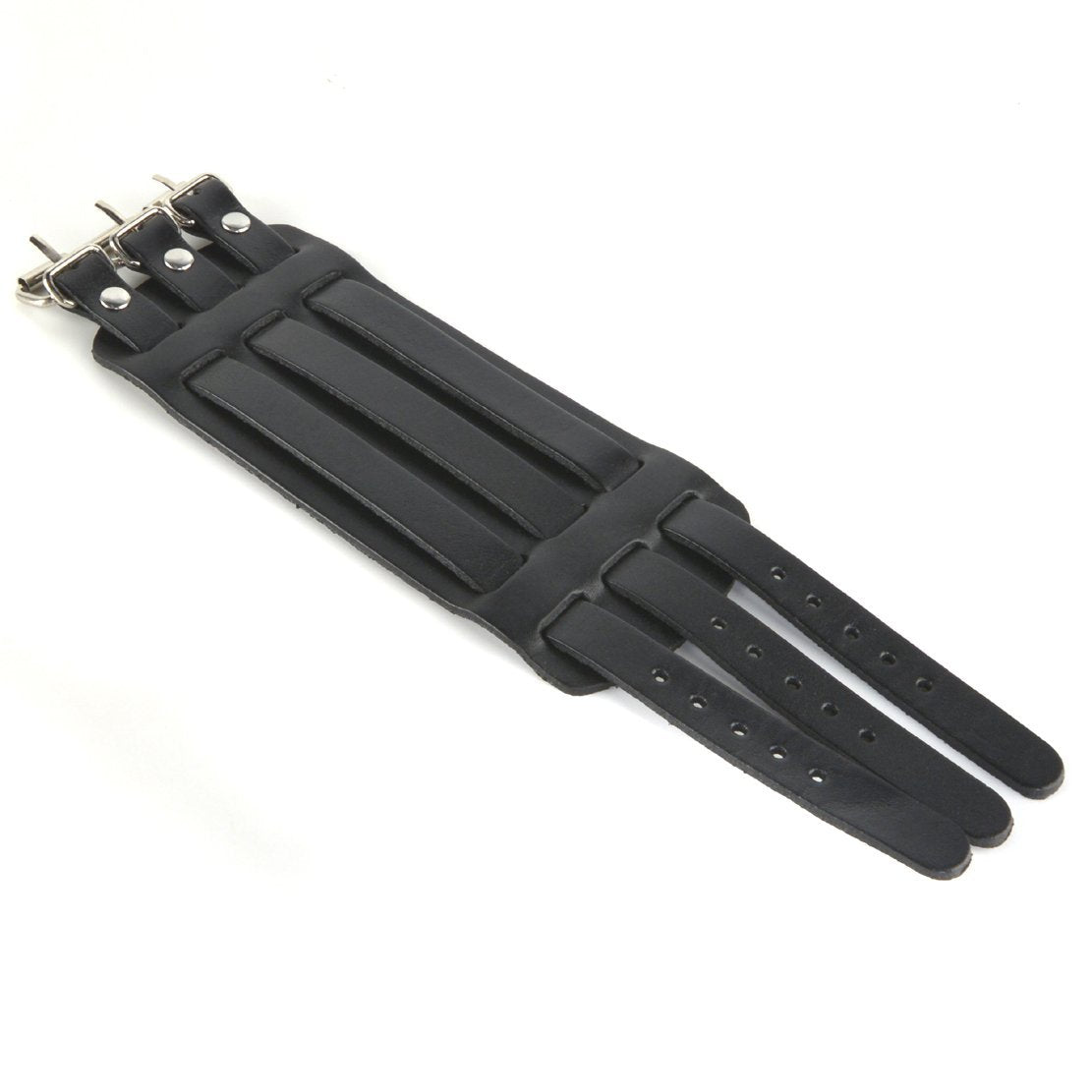 HZMAN Black Leather Wide Triple Strap Cuff Wrap Gauntlet Wristband Buckle Fastening Arm Armor Cuff (Black)