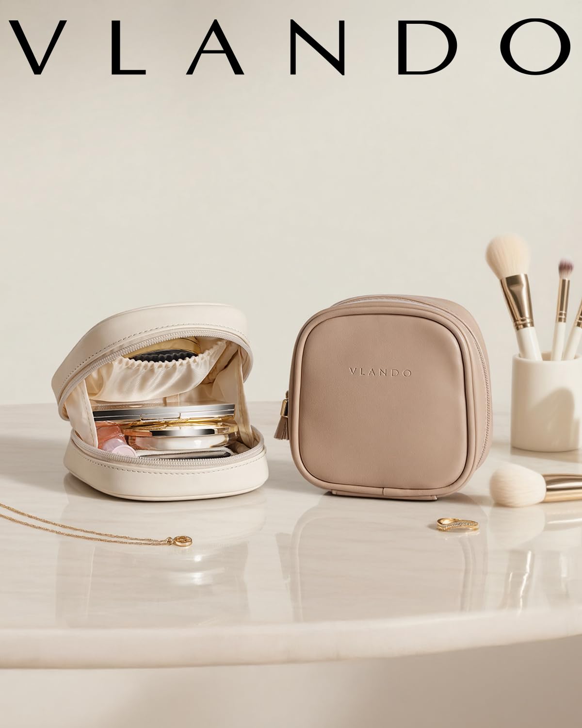VLANDO Mini Makeup Bag, Small Makeup Bag for Purse with Slip-in Pockets, Portable Travel Toiletry Bag with Zipper, Waterproof Travel Essentials for Women - Toffee
