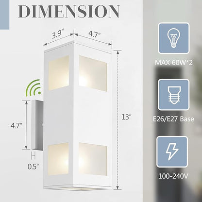 Outdoor Wall Lights, 2 Pack Dusk to Dawn Porch Light Waterproof, 13" Modern Outside Light Rectangular, Large Up Down Exterior Lighting Fixtures for Patio, Garage, Doorway, White