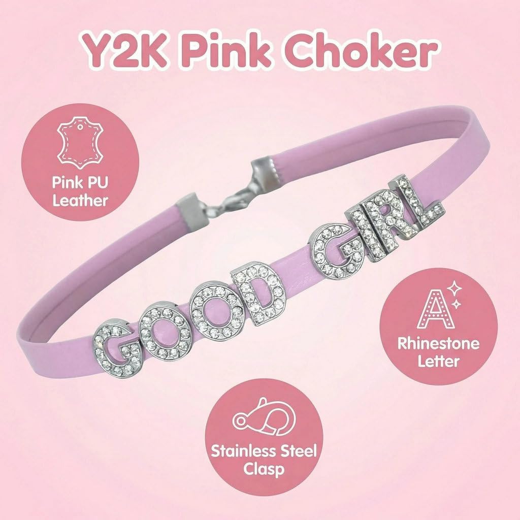 GlitterWe 2Pcs Pink Cute Sweet Y2K Adjustable PU Leather Choker, Black Punk Love Heart Collar Chain Goth Jewelry Necklace for Women