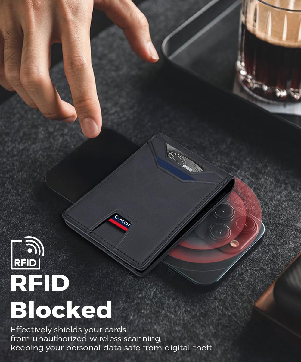 7worldlet Slim RFID Blocking Wallets for Men Synthra™ Ultra Leather Bifold Minimalist Wallet 11 Cord Holder Thin Mens Wallet with Gift Box (Black+Black)