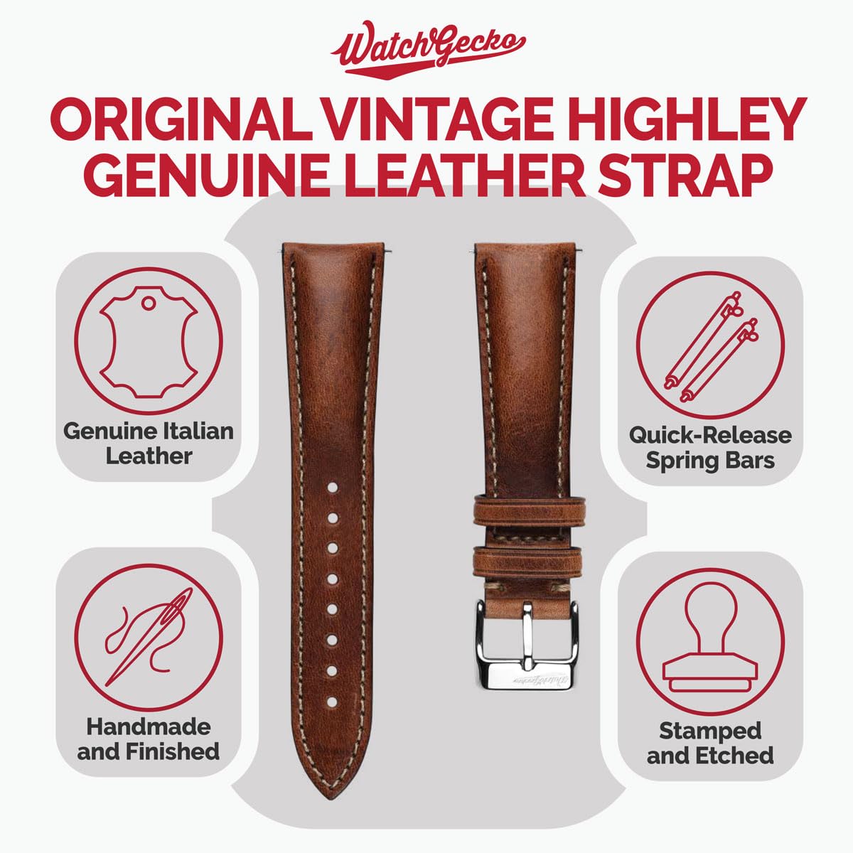 WatchGecko Vintage Highley Certified Genuine Italian Leather Replacement Watch Strap. Stylish and Durable Mens Wristwatch Strap. Padded for Comfort. Easy to fit. Reddish Brown, 21 mm