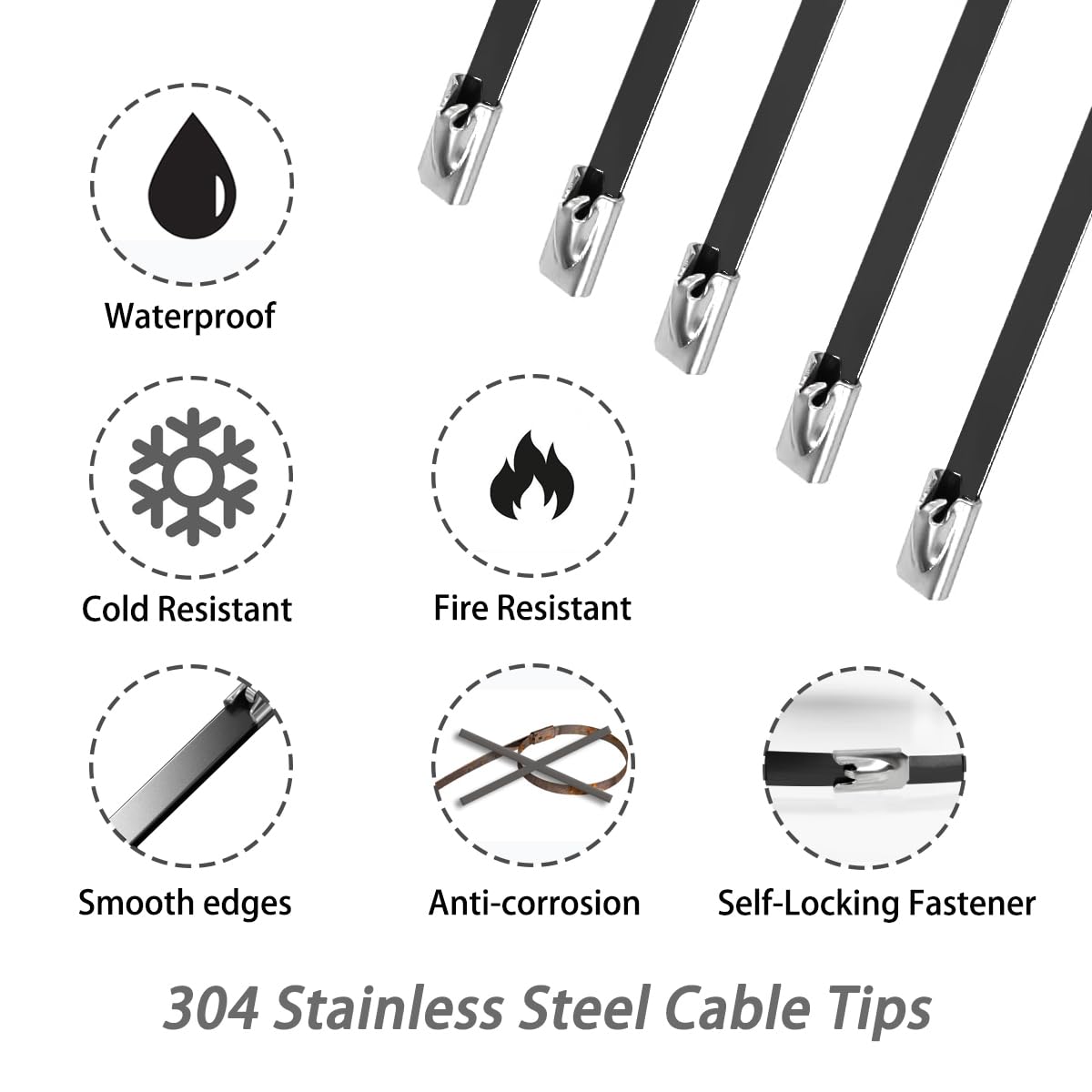 Aroono 100PCS 20inch Heavy Duty 304 Stainless Steel Zip Ties Self Locking, UV Resistant, 135lbs Strength, Black Epoxy Coated for Indoor/Outdoor Use