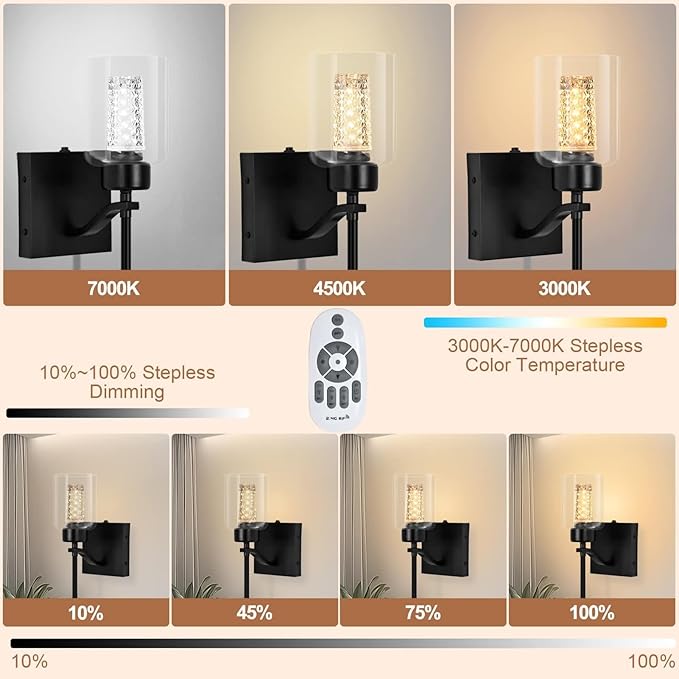 Glass Battery Wall sconces Set of Two with Remote, Stepless Dimmable Wireless Glass Wall Sconces with Crystal Bulb, Rechargeable Sconce for Bedroom, Black