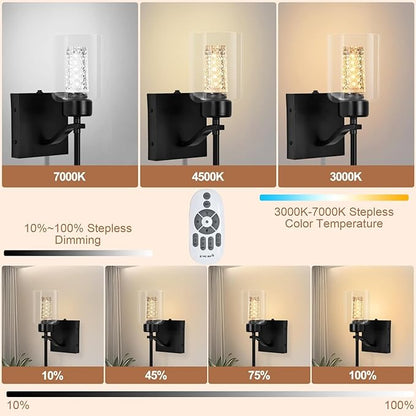 Glass Battery Wall sconces Set of Two with Remote, Stepless Dimmable Wireless Glass Wall Sconces with Crystal Bulb, Rechargeable Sconce for Bedroom, Black