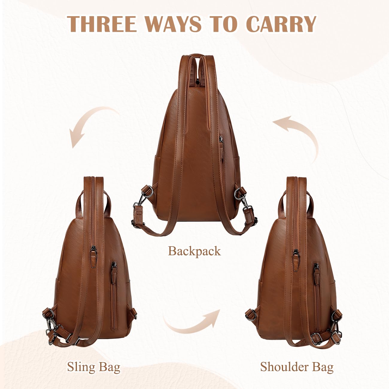RAVUO Backpack Purse for Women, Anti Theft Sling Crossbody Bag Ladies Convertible Shoulder Daypack Casual Chest Bag for Travel Hiking College,Brown