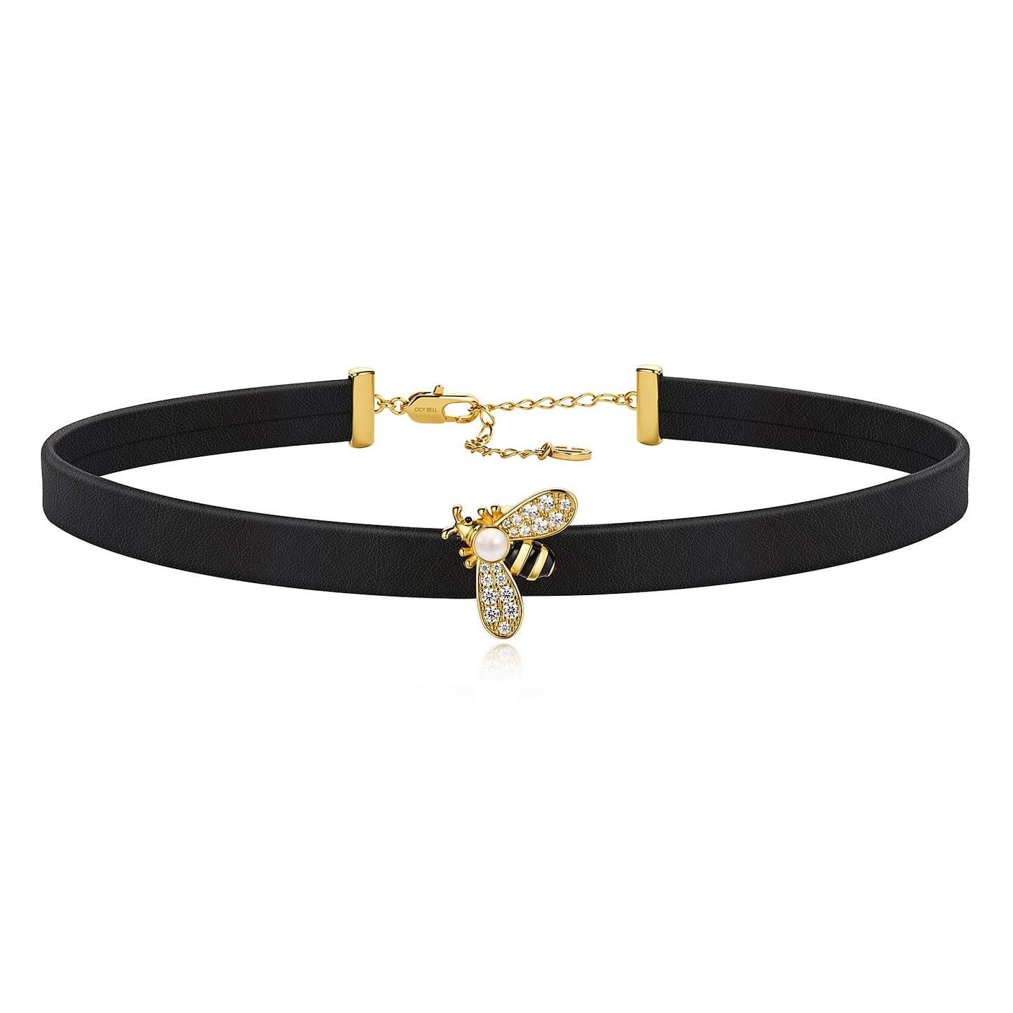 Cicy Bell Womens Black Choker Necklace 18k Gold Plated Brass Adjustable Faux Leather Punk Bumble Bee Round Party Collars Jewelry for Lover Friends