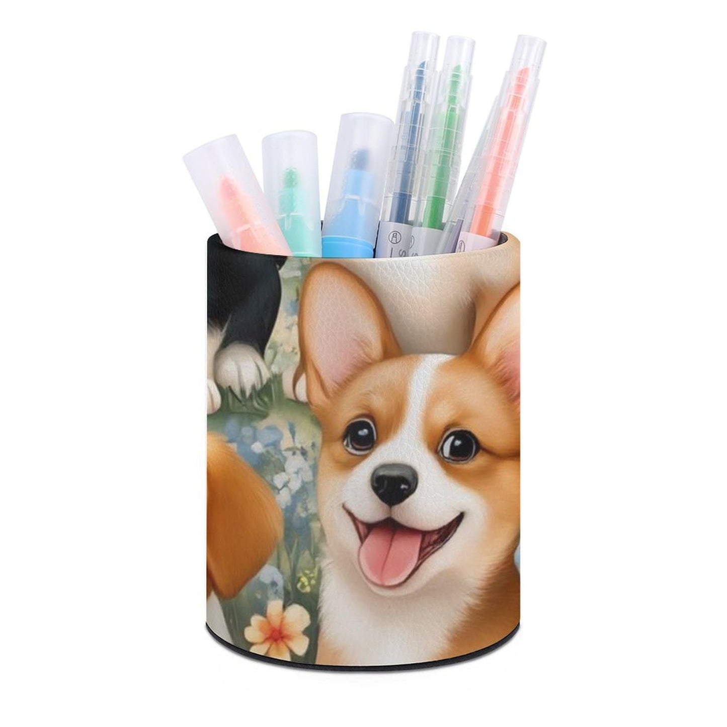UTRSIFB Pen Holder Leather Pencil, Holder Cup Makeup Brush Storage Organizer, Waterproof Multifunctional Office Supplies Puppy