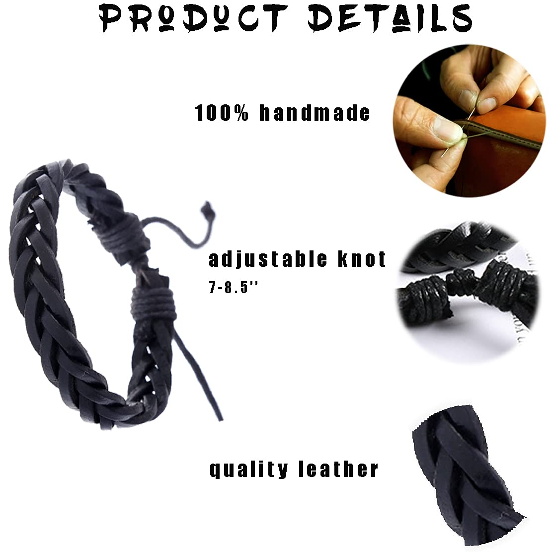 WAINIS 6 Pack Mens Black Leather Bracelets Set for Men Stackable Braided Cuff Bracelet Tribal Punk Rock Handmade Wristband