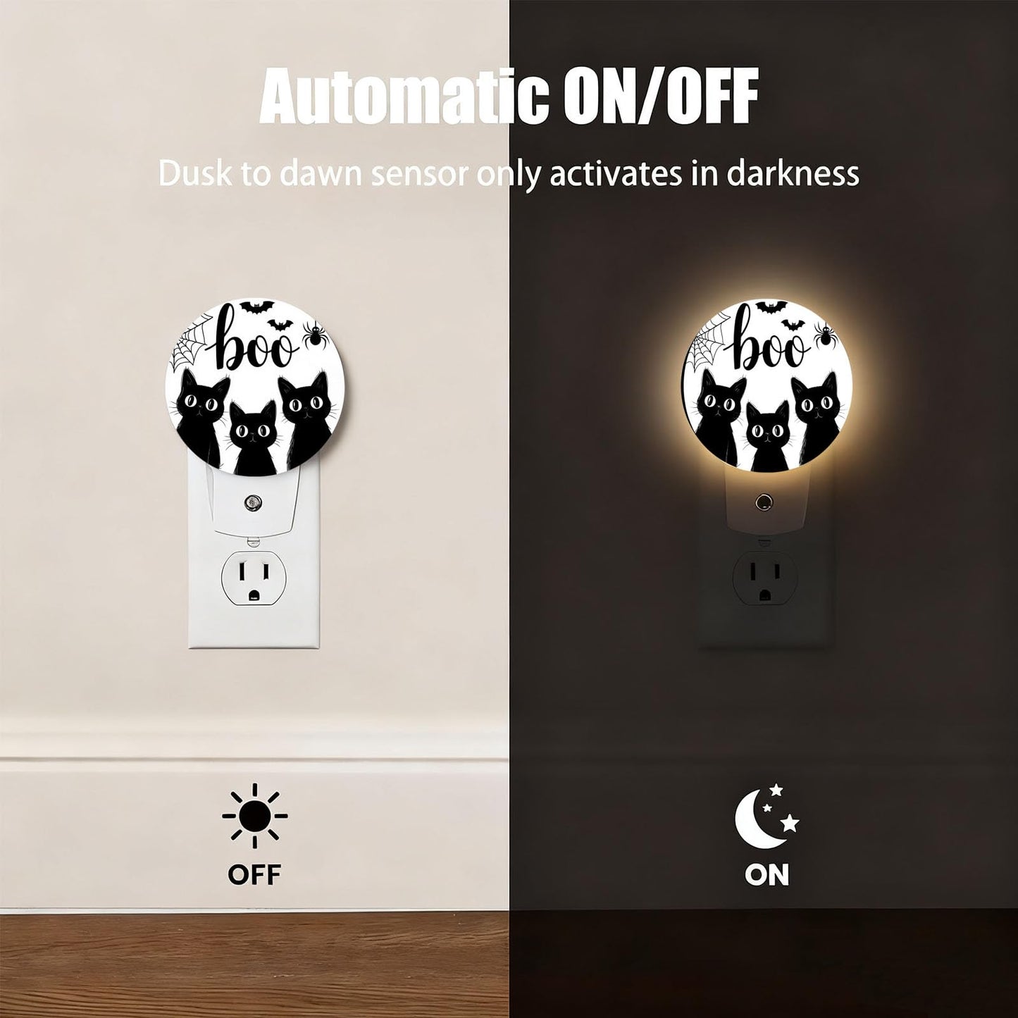 Mugod Black Cat Plug-in Nightlights Halloween Bats Spider Web Night Light Plug into Wall with Dusk-to-Dawn Sensor LED Lighting 0.5W Sleep-Friendly