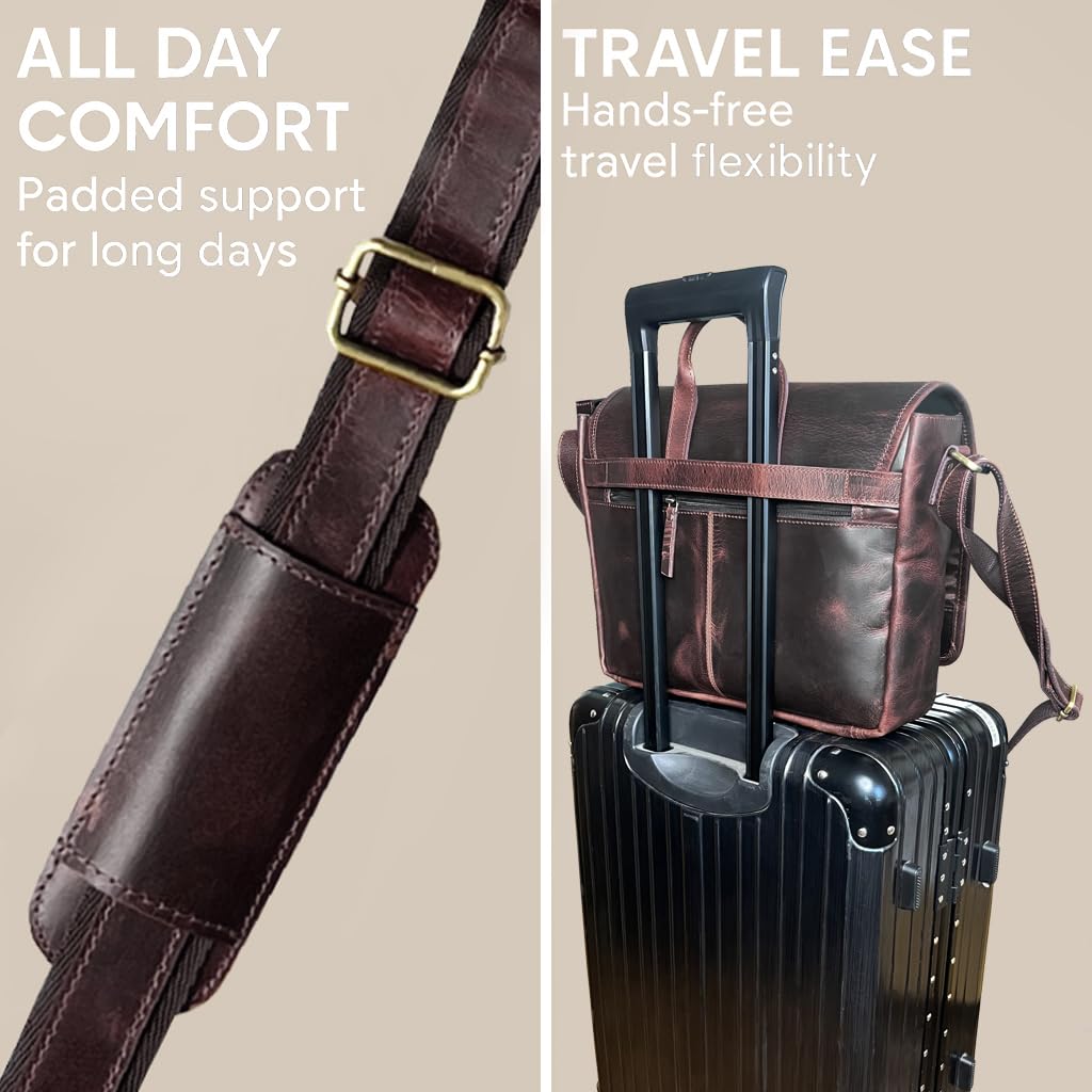 Leather Messenger Bag for Men 14 inch Leather Laptop Bag Vintage Crossbody Office Satchel Travel Shoulder Bag, Dark Brown