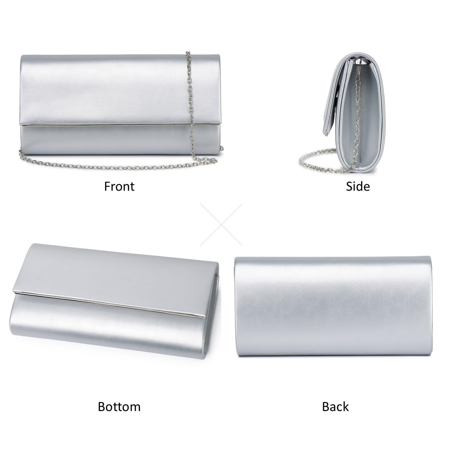 DETARA Women Evening Bag Vegan Leather Clutch Purse Shoulder Crossbody Envelope Bag for Party Wedding Prom Bridal (Silver 1818)